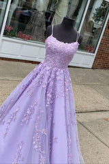 A Line Lavender Lace Appliqued Long Prom Dresses, Formal Gown