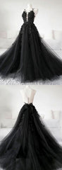 Unique Black Tulle V Neck Sheer Back Lace Applique Evening Dresses, Formal Dresses, Long Prom Dresses