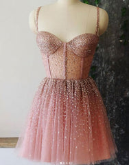 A Line Spaghetti Straps Short Dresses, Dusty Pink Beaded Homecoming Dresses