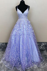 A Line Lavender Appliques Long Prom Dresses