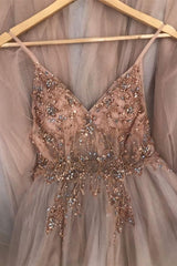 Prom Dresses, Straps A Line Beading Rose Wood Prom Dresses, With Crystal