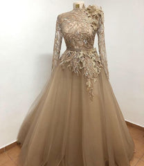 Elegant Champagne Long Prom Dresses, Tulle Formal Dresses