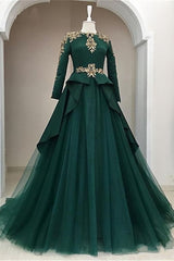 Dark Green Satin Tulle O Neck Long Sleeve Arabic Formal Prom Dresses, With Applique