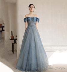 Blue Tulle Long A Line Prom Dress, Off Shoulder Evening Dress