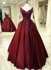 Elegant Burgundy Wedding Dresses, Lace Long Sleeves Ball Gown Sheer Neckline For Women Prom Dresses, Evening Dresses