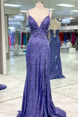 Tight Purple Sequined Long Prom Dresses, With Slit