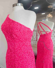 2025 One Shoulder Hot Pink Sequined Prom Dress