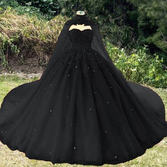 Vintage Black Wedding Dresses, Ball Gown For Gothic Weddings With Cape Prom Dresses, Evening Dresses