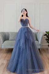 Blue Sweetheart Neck Tulle Long Prom Dress, Blue Tulle Formal Dress