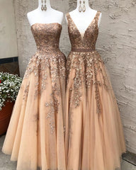 Long Champagne Prom Dresses, Sexy V Neck Strapless A Line Appliques Formal Party Dresses