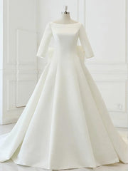 White Satin Backless 3/4 Sleeve Wedding Dress, Party Prom Dresses