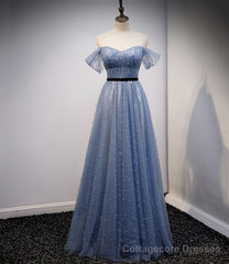 Blue Tulle Long A Line Prom Dress, Evening Dress