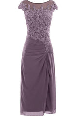 knee length mauve tight chiffon mother of the bride/prom Dresses with cap sleeves