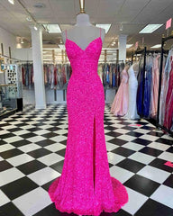 Hot Pink Straps Prom Dresses, With Slit