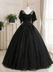 Ball Gown Luxurious Floral Quinceanera Prom Dresses, Scoop Neck Short Sleeve Floor Length Tulle With Pleats Embroidery