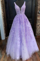 V Neck Purple Lace Long Prom Dresses, Long Purple Lace Formal Dresses, Lilac Lace Evening Dresses