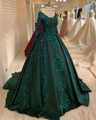 Long Sleeves Green Wedding Dresses, Ball Gown Prom Dresses