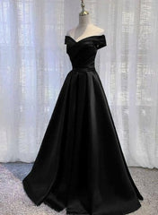 Pretty Off Shoulder Black Satin A Line Party Dresses, Formal Dresses, Long Black Prom Dresses