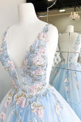 Baby Blue Prom Dresses, With Embroidery