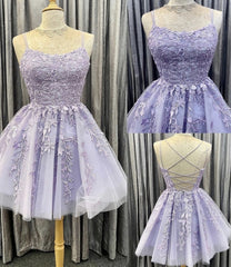 Purple Tulle Lace Short A Line Homecoming Dresses, Evening Dresses