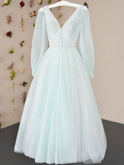 Simple V Neck Tulle Tea Length Prom Dresses, Tulle Formal Dresses