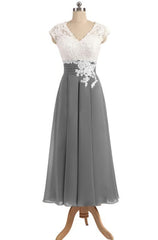 Ankle Length V Neck Cap Sleeves Silver Gray Mother Of The Bride Dresses, Prom Dresses, With Appliques