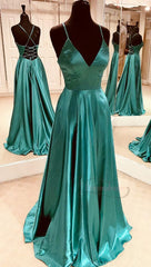 Simple A Line V Neck Teal Long Prom Dresses, With Lace Up Back