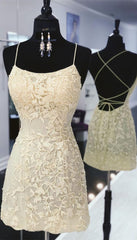 Tight Yellow Lace Homecoming Dresses, Short Yellow Homecoming Dresses, With Lace Up Back