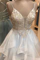 A Line Spaghetti Straps Light Sky Blue Short Homecoming Dresses, With Beading