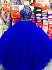 Royal Blue Halter Tulle Quinceanera Dresses, Elegant Ball Gown Prom Dresses, Sweet 16 Prom Dresses