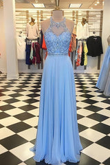 Gorgeous Prom Dresses, Blue Chiffon Prom Dresses, Long Prom Dresses