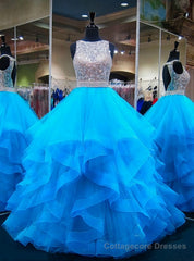 Blue Puffy Ball Gown Crystals Backless African Prom Dresses