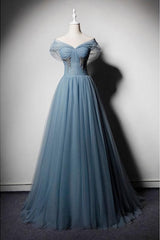 Blue Tulle V Neck Off Shoulder Long Senior Prom Dresses, Evening Dresses