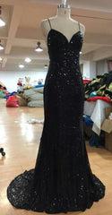 V Neckline Criss Cross Backless Bling Bling Mermaid Prom Dresses, Black Sequins Evening Dresses