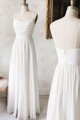 Simple White Chiffon V Neck Long Prom Dresses, White Evening Dresses