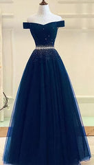 Tulle Prom Gown Off Shoulder Prom Dresses, Long Prom Dresses, A Line Evening Dresses