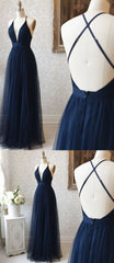 A Line V Neck Navy Blue Backless Prom Dresses, Dark Navy Blue Backless Tulle Evening Formal Dresses