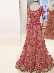 A Line Scoop Long Sleeves Champagne Floral Lace Formal Prom Dresses