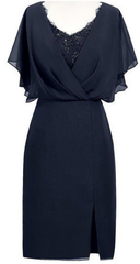 Sheath V Neck Short Navy Blue Chiffon Mother Of The Bride Homecoming Dress, With Beading