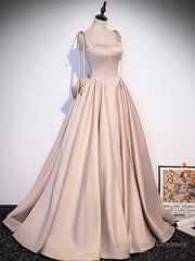 Champagne A-Line Satin Long Prom Dress, Champagne Formal Evening Dress