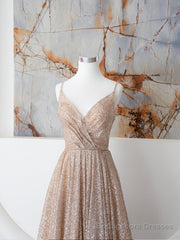 Champagne A Line Spaghetti Strap Sequins Long Prom Dress Evening Dress