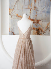 Champagne A Line Spaghetti Strap Sequins Long Prom Dress Evening Dress