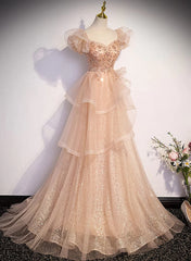 Champagne A-Line Tulle BeadedLong Prom Dresses, Champagne Formal Dresses