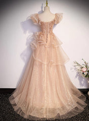 Champagne A-Line Tulle BeadedLong Prom Dresses, Champagne Formal Dresses