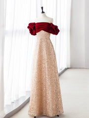 Champagne A-Line velvet Long Prom Dresses, Champagne Tulle Sequin Long Formal Dresses