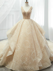 Champagne Ball Gown Lace Tulle Sequins V-neck Backless Wedding Dresses