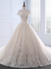 Champagne Ball Gown Tulle Appliques Off The Shoulder Wedding Dresses