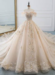 Champagne Ball Gown Tulle Lace Appliques Off The Shoulder Haute Couture Wedding Dresses