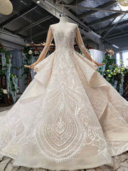 Champagne Ball Gown Tulle Lace Long Sleeve Backless Wedding Dresses With Beading