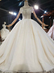 Champagne Ball Gown Tulle Sequins Beading Short Sleeve Wedding Dresses